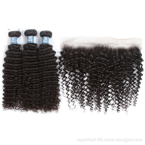 Natural Hair Color Products Kinky Curly Malaysian Hair Full Frontal Closure 13x4 with bundles